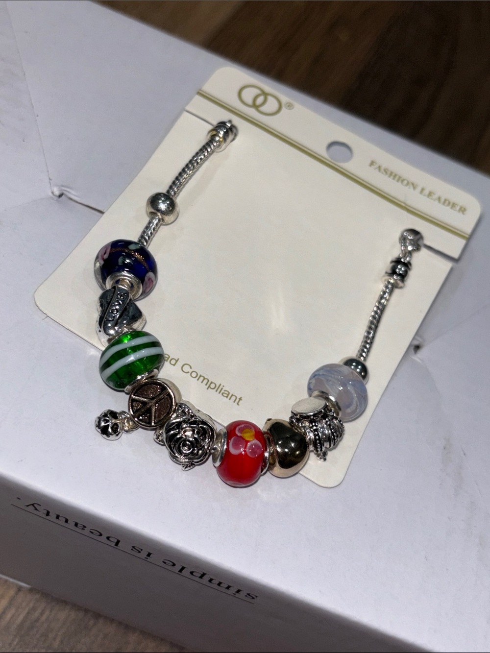 Multicolor Glass Bead Charm Bracelet - Red & Green Accents